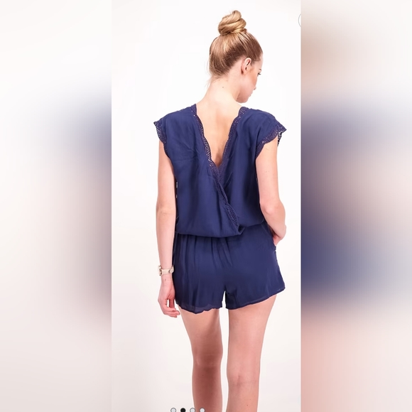 Joie Pants - Revolve X Joie Romper Paola Blue Silk Crochet Trim Short Sleeve Slouchy Fit XXS